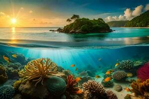 underwater scene with coral reefs and fish. AI-Generated photo