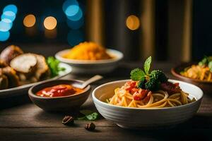 espaguetis y albóndigas en un de madera mesa. generado por ai foto