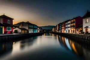 a canal in the middle of a town at sunset. AI-Generated photo