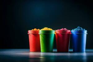 a row of colorful plastic cups with popcorn. AI-Generated photo