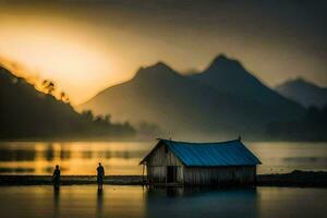 a man and woman stand in front of a small hut on the shore of a lake. AI-Generated photo