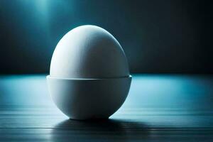 an egg in a white cup on a table. AI-Generated photo