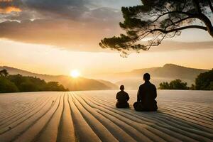 dos personas sentar en meditación en el arena. generado por ai foto