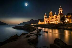 el Luna sube terminado el mezquita a noche. generado por ai foto