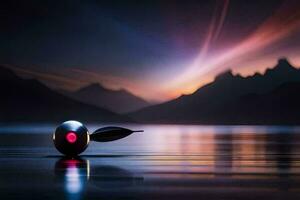 a red ball sitting on the water with mountains in the background. AI-Generated photo