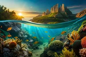 the sun sets over a coral reef and mountains. AI-Generated photo