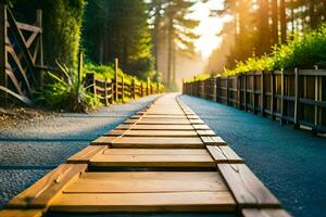 un de madera camino líder a un bosque. generado por ai foto