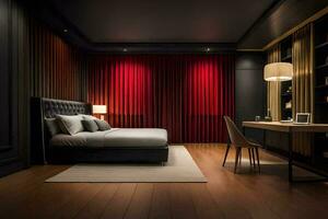 a bedroom with a red curtain and black walls. AI-Generated photo