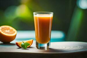 an orange juice in a glass on a table. AI-Generated photo