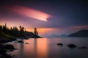 un hermosa puesta de sol terminado un lago con arboles y rocas generado por ai foto