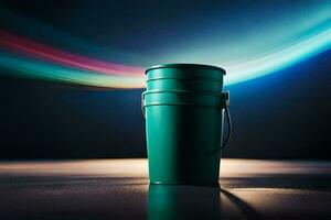 a green bucket sitting on a table with a light background. AI-Generated photo