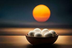 white eggs in a bowl on a table with a sunset in the background. AI-Generated photo