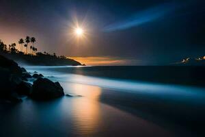 the moon shines brightly over the ocean and rocks. AI-Generated photo