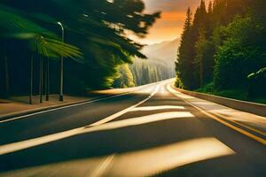 a car driving down a road with trees in the background. AI-Generated photo