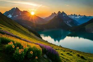 the sun rises over the mountains and flowers in the foreground. AI-Generated photo