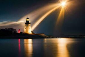 un faro es iluminado arriba a noche con un brillante ligero brillante. generado por ai foto