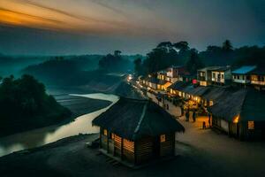 a village at dusk with thatched huts. AI-Generated photo