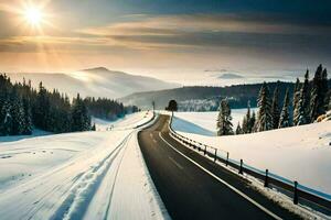 un la carretera en el montañas con nieve y arboles generado por ai foto