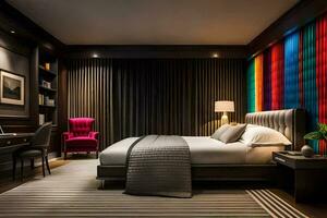 a modern bedroom with a colorful striped wall. AI-Generated photo