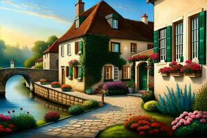 a painting of a village with a bridge and flowers. AI-Generated photo