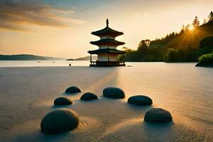 a pagoda sits on the sand at sunset. AI-Generated photo