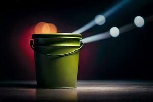 a green bucket with a light shining on it. AI-Generated photo