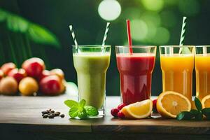 a variety of juices and smoothies on a table. AI-Generated photo