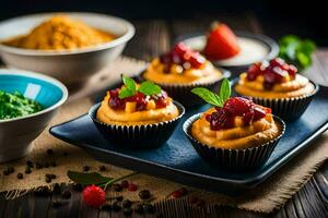 cupcakes with berries and spices on a black plate. AI-Generated photo