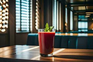 un vaso de rojo jugo sentado en un mesa. generado por ai foto