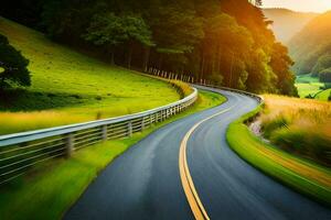 a winding road in the countryside at sunset. AI-Generated photo