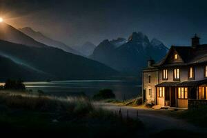 a house in the mountains with a full moon shining. AI-Generated photo