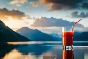 un vaso de jugo se sienta en el borde de un lago con montañas en el antecedentes. generado por ai foto