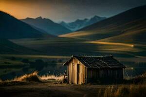 the hut, the lake, mountains, sunset, the hut, the lake, the hut,. AI-Generated photo