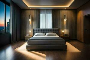 modern bedroom with wooden floors and a large bed. AI-Generated photo