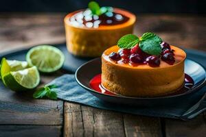 two desserts with cherries and lime on a wooden table. AI-Generated photo