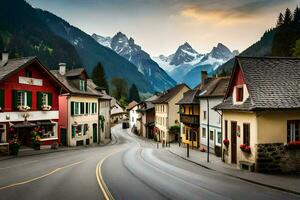 a street in the alps with mountains in the background. AI-Generated photo