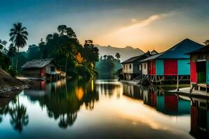 a river with houses on the banks at sunset. AI-Generated photo