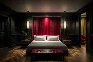a bedroom with a red curtain and black walls. AI-Generated photo