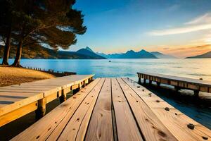 a wooden dock leads to the water and mountains. AI-Generated photo