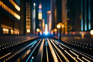 a city street at night with lights on the tracks. AI-Generated photo