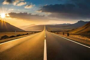 un largo vacío la carretera con el Dom ajuste detrás él. generado por ai foto