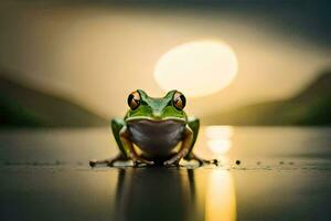 un rana sentado en el suelo en frente de un puesta de sol. generado por ai foto