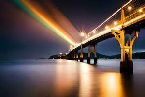 a rainbow is seen over a bridge at night. AI-Generated photo