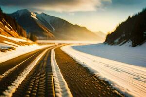 a snowy road in the mountains with a sun setting. AI-Generated photo