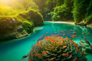 a beautiful scene of fish swimming in a river. AI-Generated photo