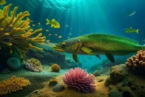 fish swimming in the ocean with coral reefs. AI-Generated photo