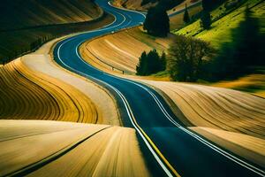 un largo devanado la carretera en el montañas. generado por ai foto