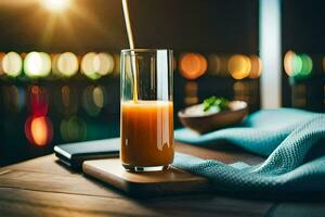 a glass of orange juice on a table with a wooden tablecloth. AI-Generated photo