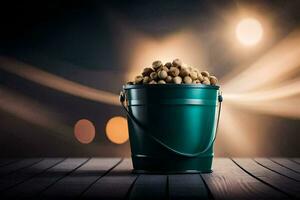 a bucket filled with peanuts on a wooden table. AI-Generated photo