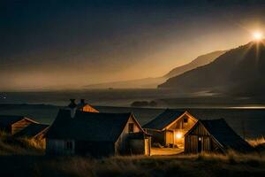 un pequeño pueblo en el montañas a noche. generado por ai foto